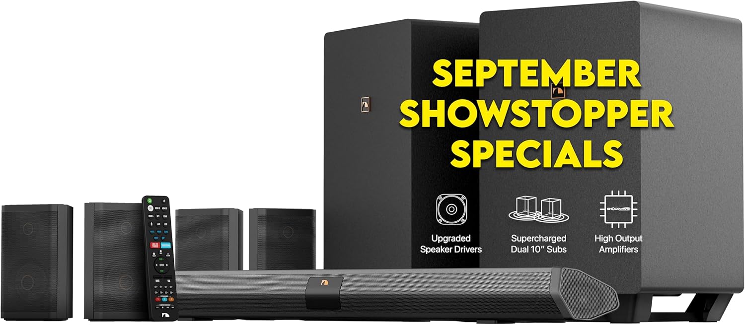 Nakamichi Shockwafe Ultra 9.2.4 Channel Dolby Atmos/DTS:X Soundbar with Dual 10" Subwoofers (Wireless), 4 Rear Surround Effects Speakers, eARC and SSE Max Technology (Flagship)